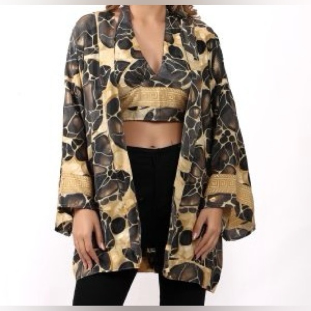 100% Silk Ibiza Beach Blouse top with Jacket Kimono Boho‎ Top Gold threading  OS